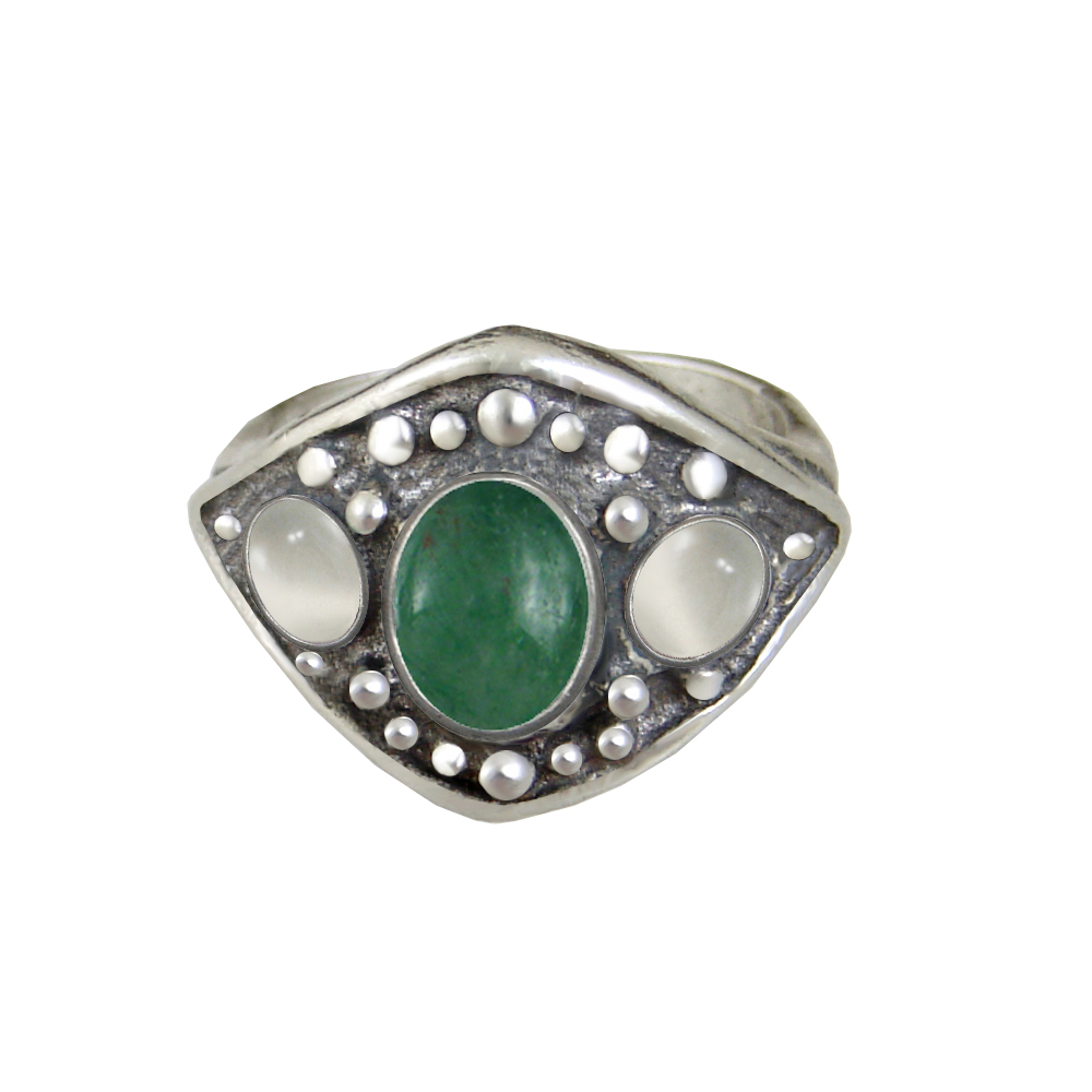 Sterling Silver Medieval Lady's Ring with Jade And White Moonstone Size 9